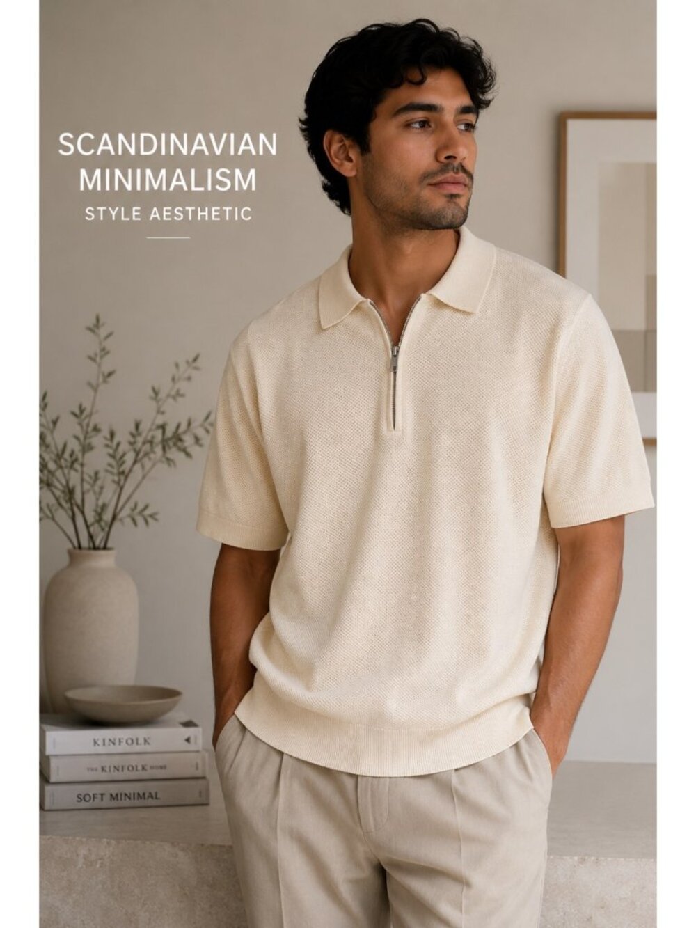 Bound Cream Knit Half Zip Polo Sweater Mens Large Minimalist Coastal Grandpa